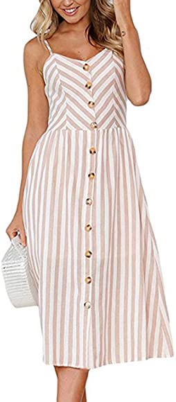 V-Neck, Sleeveless Midi Striped Dresses