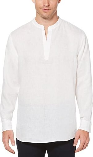 Long-Sleeve Solid Linen Cotton Popover Shirt